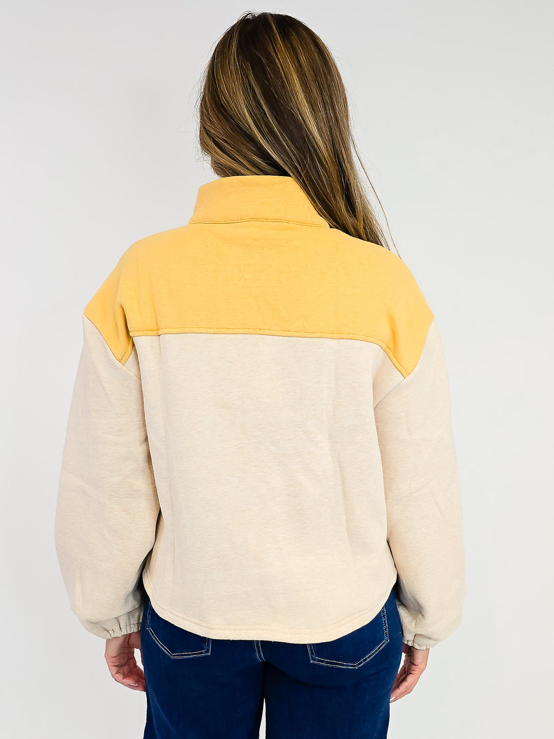 COLOR BLOCK QUARTER SNAP BUTTON SWEATSHIRT - OATMEAL