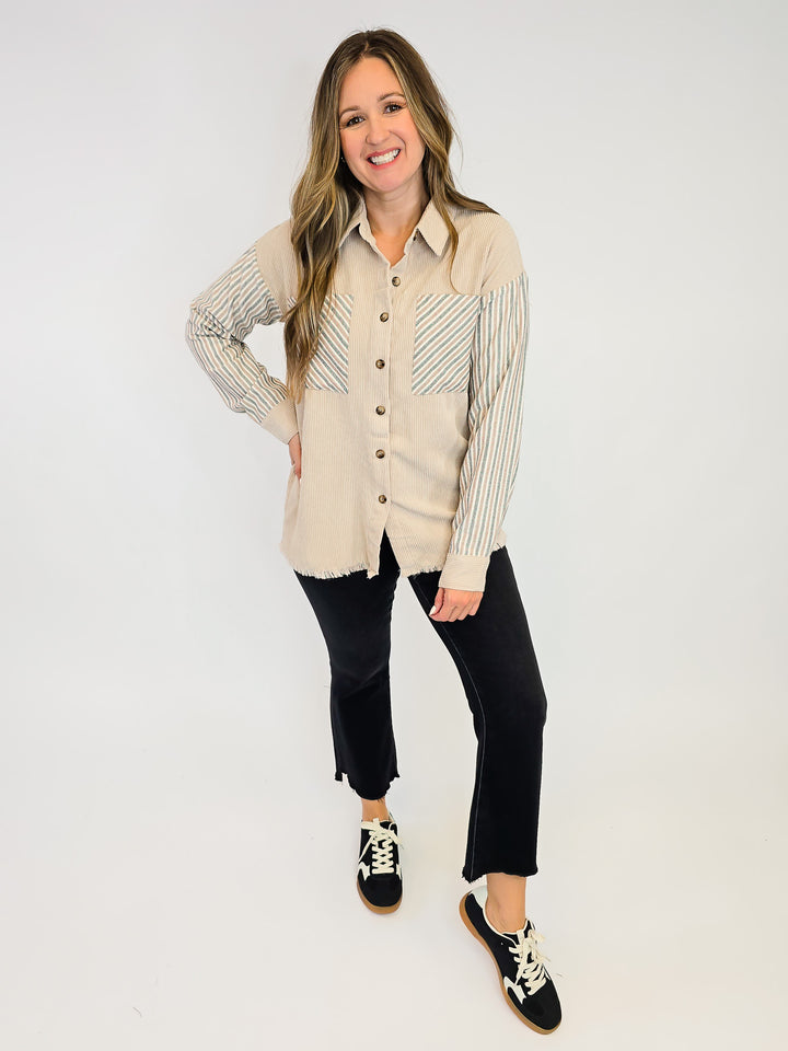 LONG SLEEVE COLOR BLOCK CORDUROY SHACKET - BEIGE