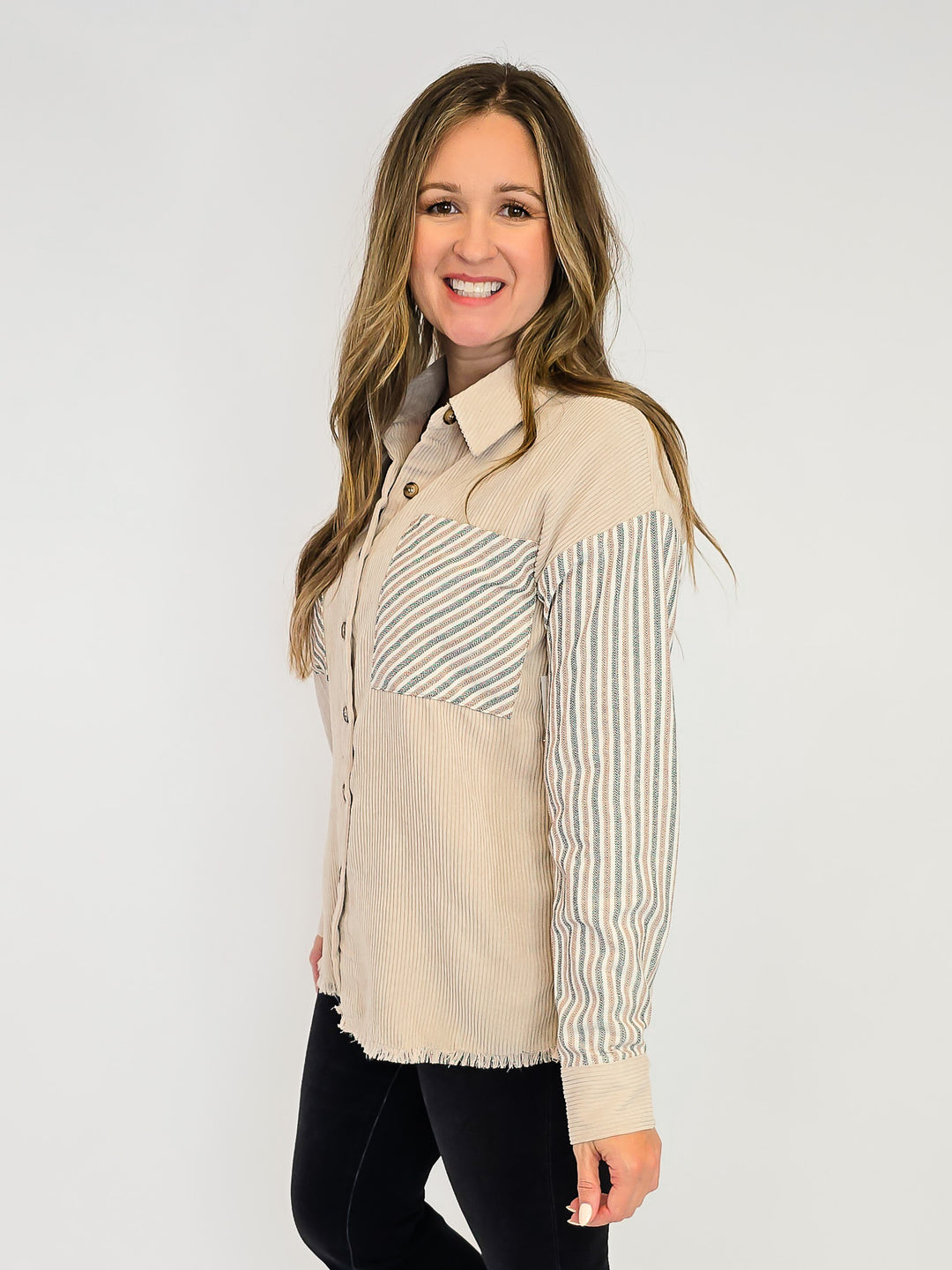 LONG SLEEVE COLOR BLOCK CORDUROY SHACKET - BEIGE