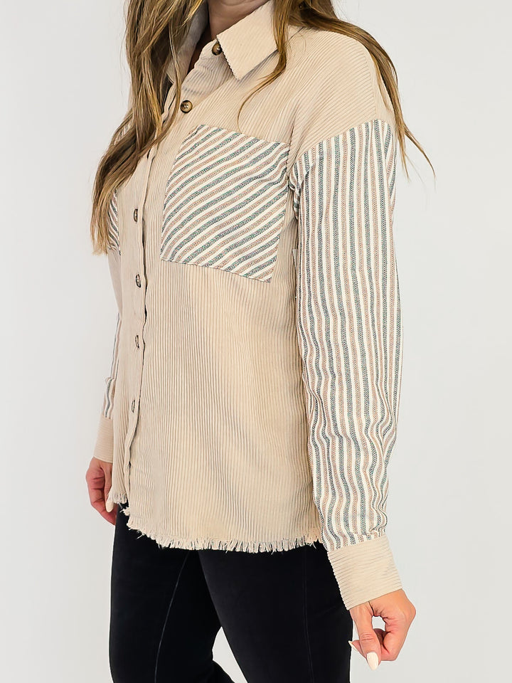 LONG SLEEVE COLOR BLOCK CORDUROY SHACKET - BEIGE