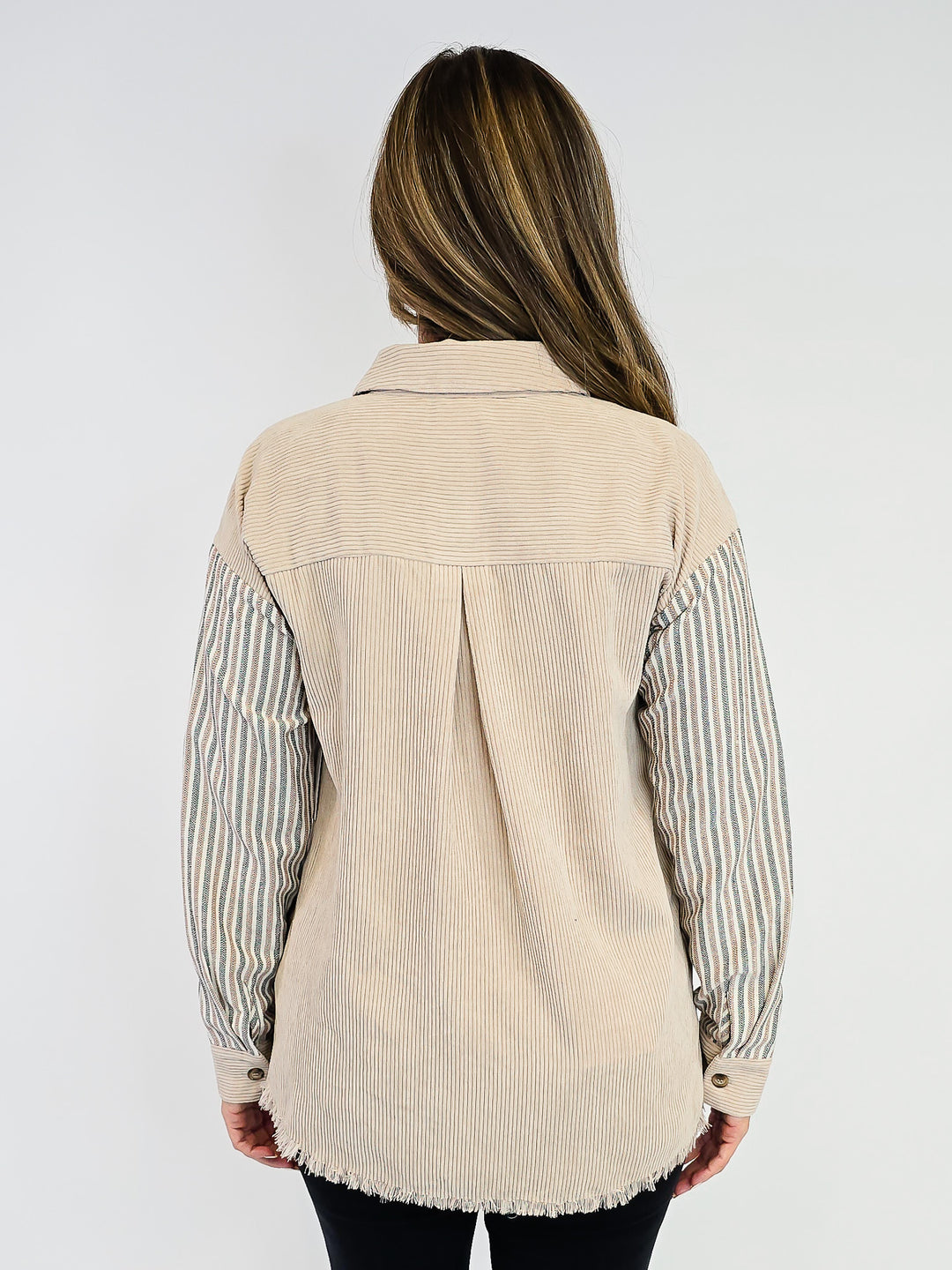 LONG SLEEVE COLOR BLOCK CORDUROY SHACKET - BEIGE
