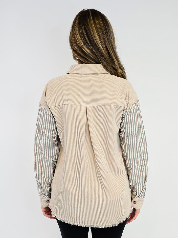 LONG SLEEVE COLOR BLOCK CORDUROY SHACKET - BEIGE