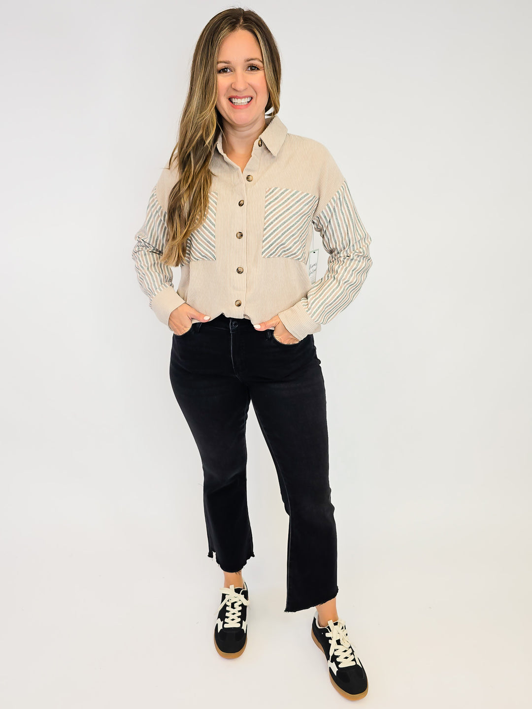 LONG SLEEVE COLOR BLOCK CORDUROY SHACKET - BEIGE