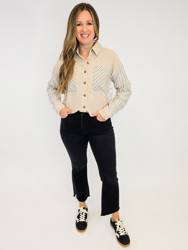 LONG SLEEVE COLOR BLOCK CORDUROY SHACKET - BEIGE