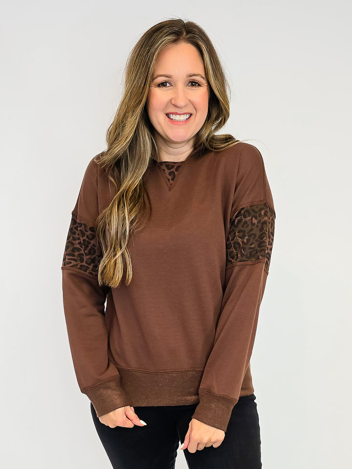 FRENCH TERRY AND ANIMAL PRINT MIX HOODIE - BROWN