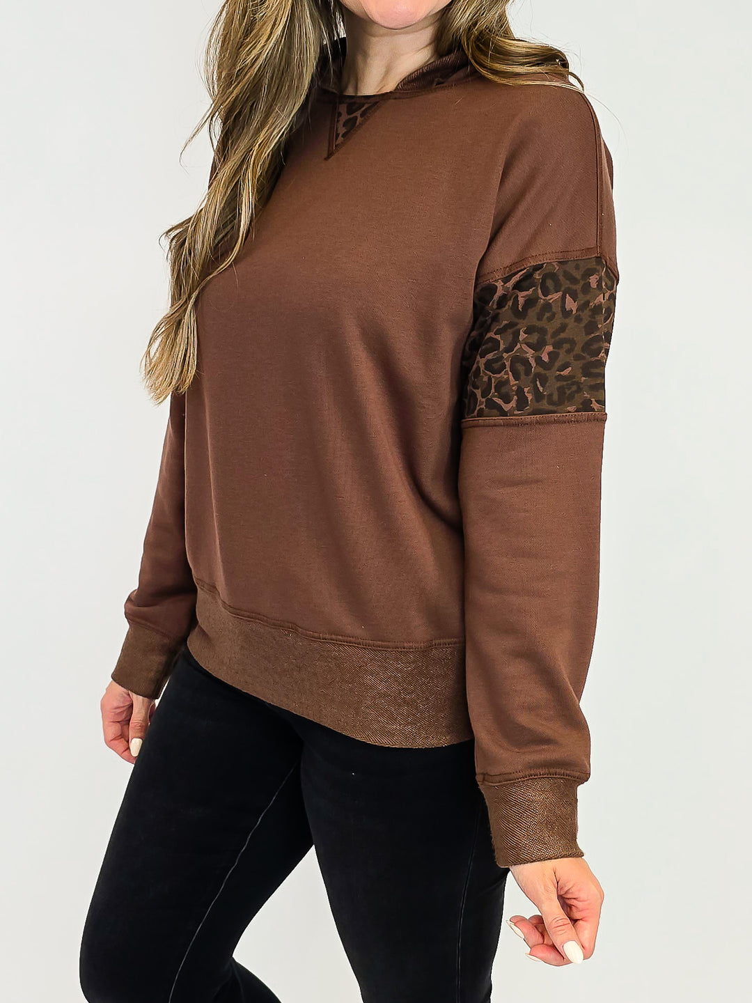 FRENCH TERRY AND ANIMAL PRINT MIX HOODIE - BROWN