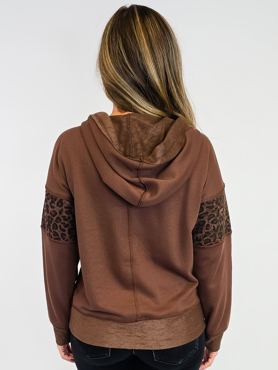 FRENCH TERRY AND ANIMAL PRINT MIX HOODIE - BROWN