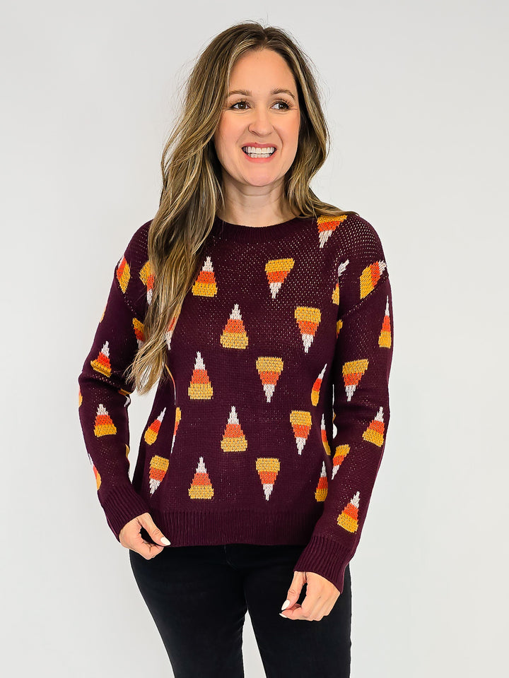 CANDY CORN PULLOVER SWEATER - DEEP PLUM