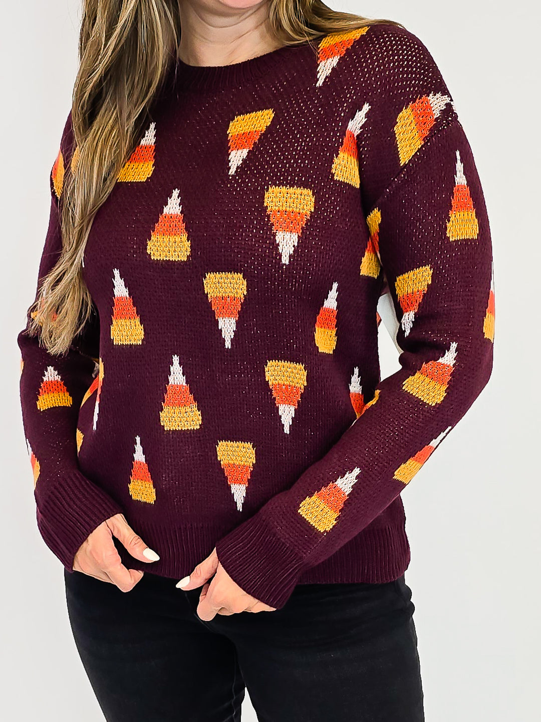 CANDY CORN PULLOVER SWEATER - DEEP PLUM