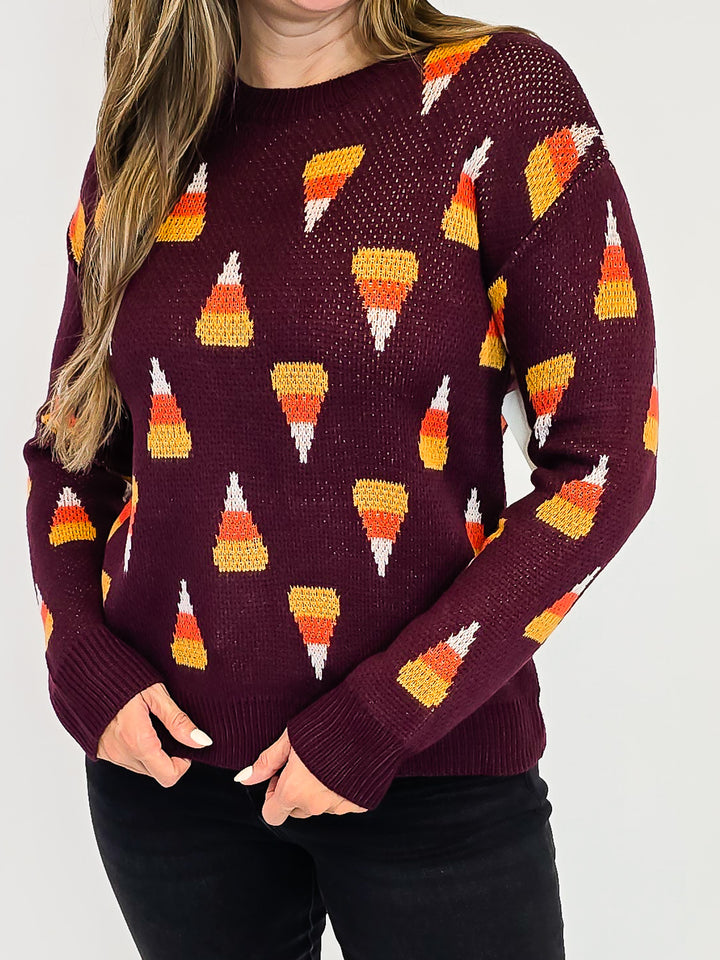 CANDY CORN PULLOVER SWEATER - DEEP PLUM