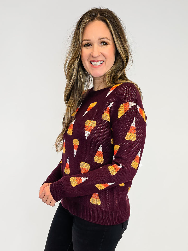 CANDY CORN PULLOVER SWEATER - DEEP PLUM