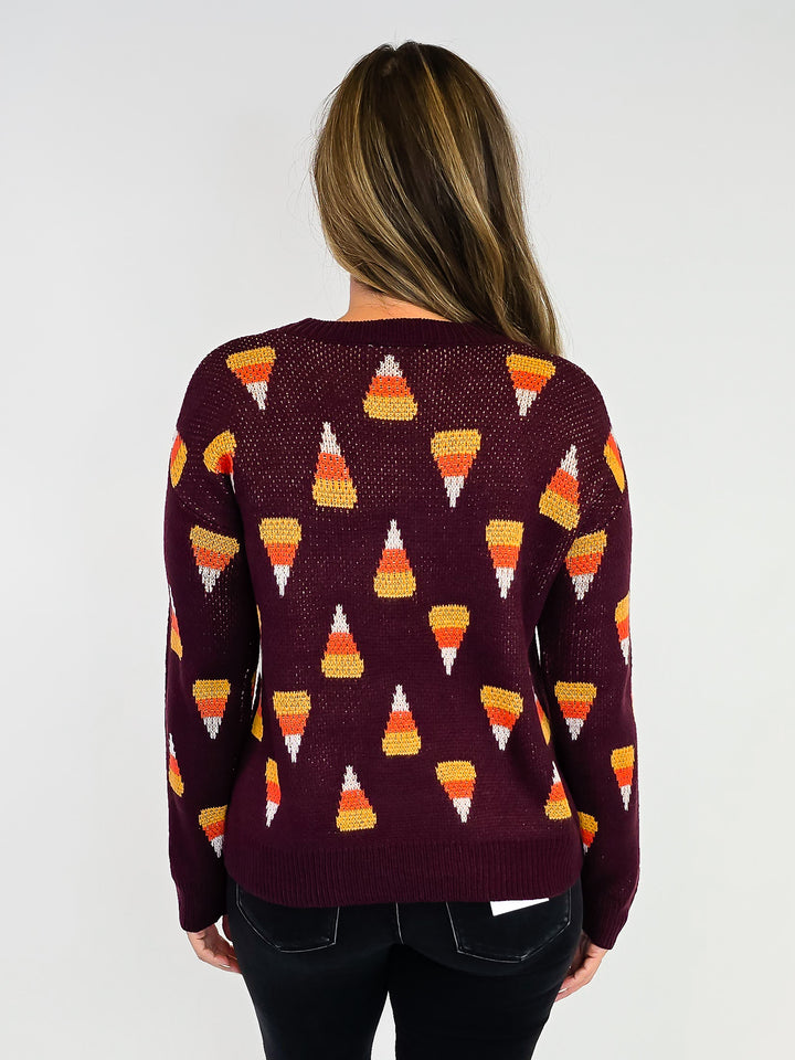 CANDY CORN PULLOVER SWEATER - DEEP PLUM