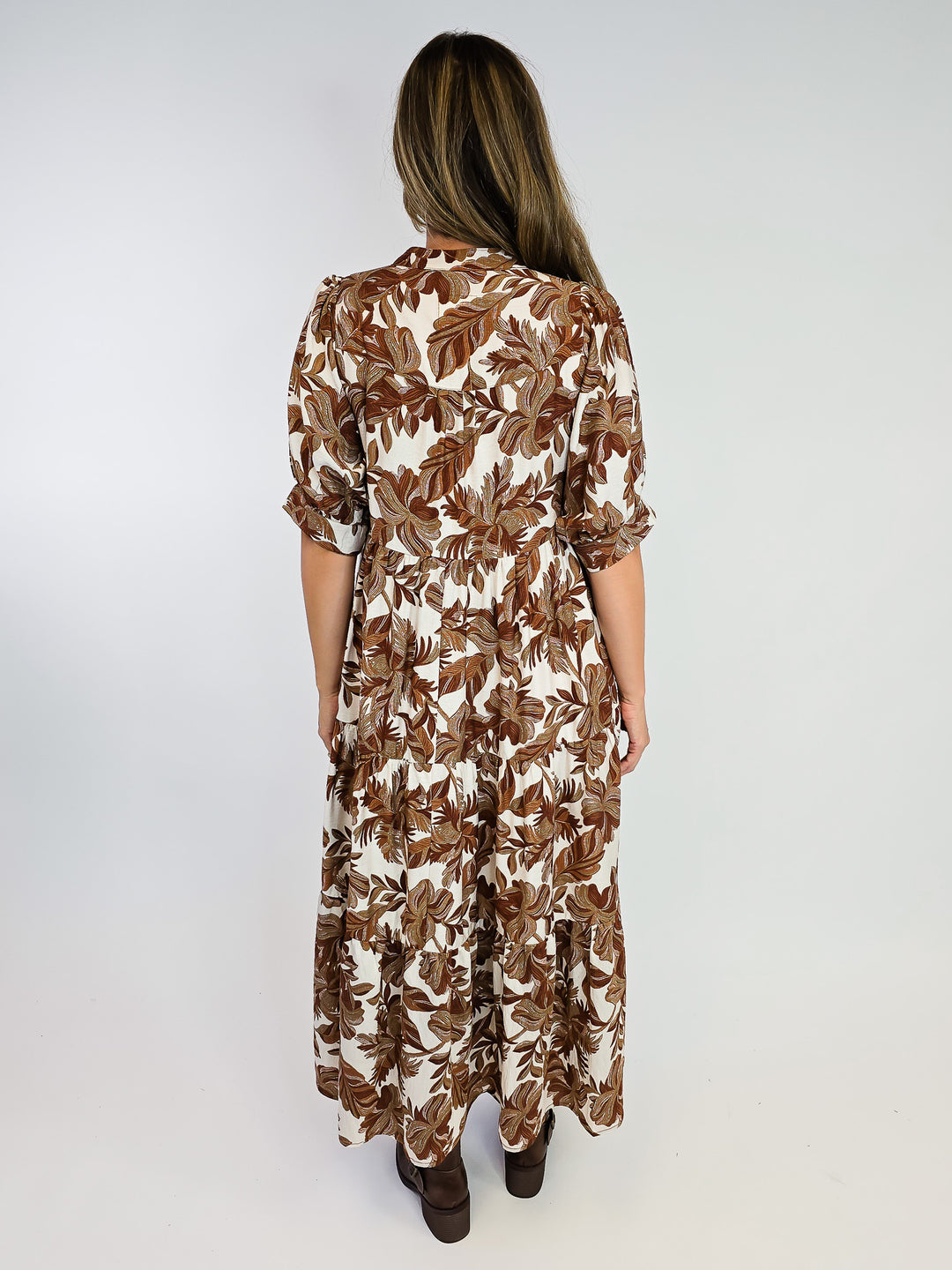 BOHO LEAF PRINT TIERED MIDI DRESS - BROWN MIX