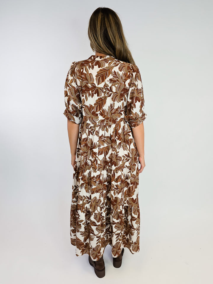 BOHO LEAF PRINT TIERED MIDI DRESS - BROWN MIX