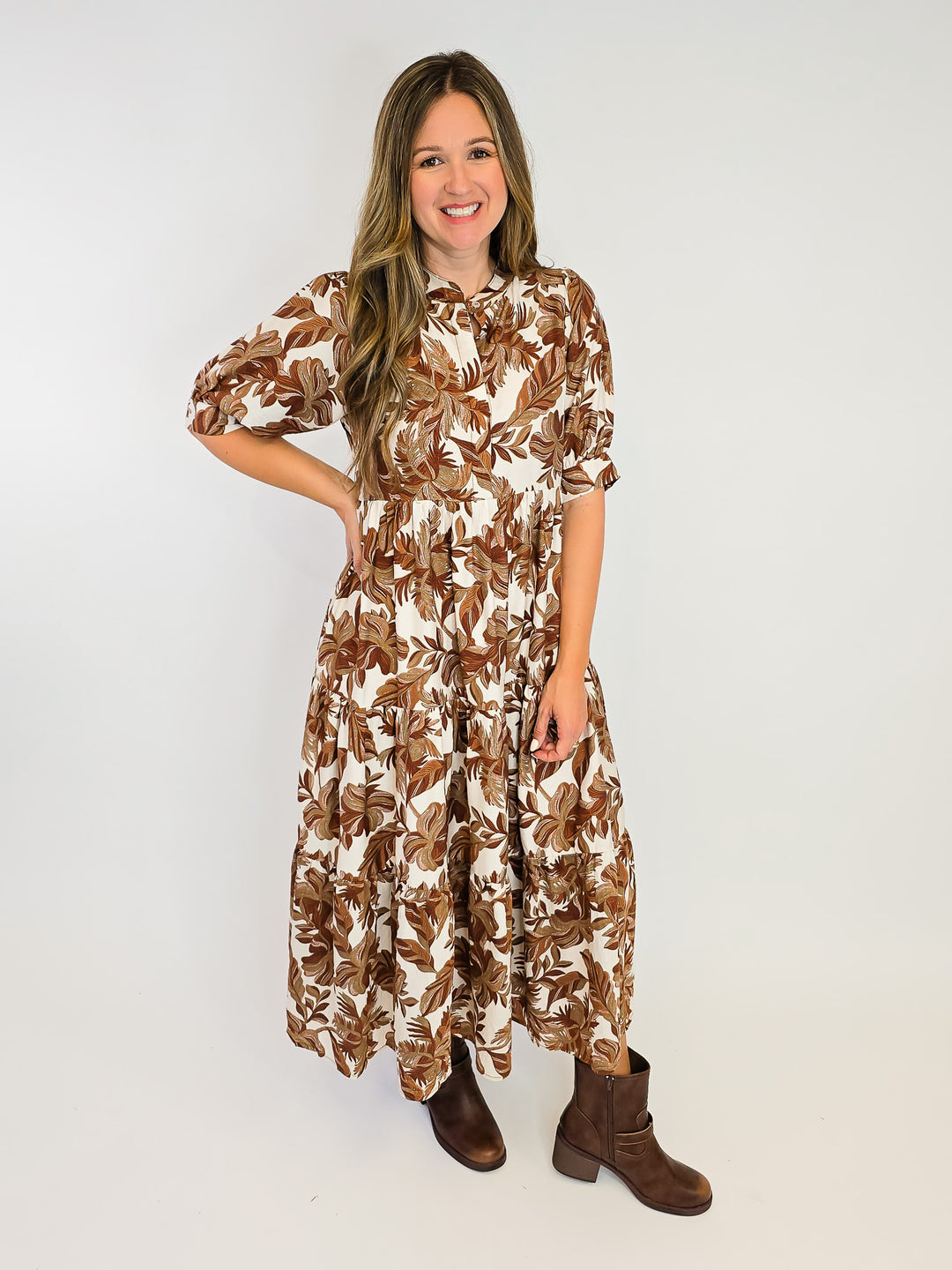 BOHO LEAF PRINT TIERED MIDI DRESS - BROWN MIX