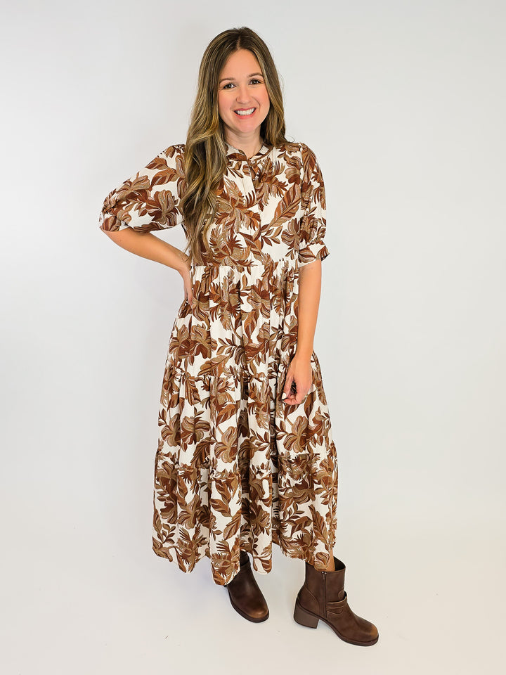 BOHO LEAF PRINT TIERED MIDI DRESS - BROWN MIX