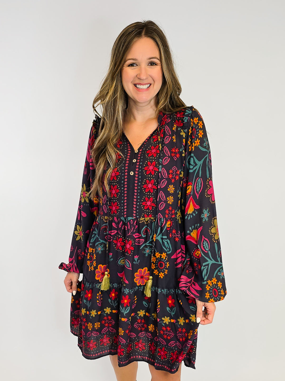 FLORAL PRINTED RAYON GAUZE DRESS - SMOKE