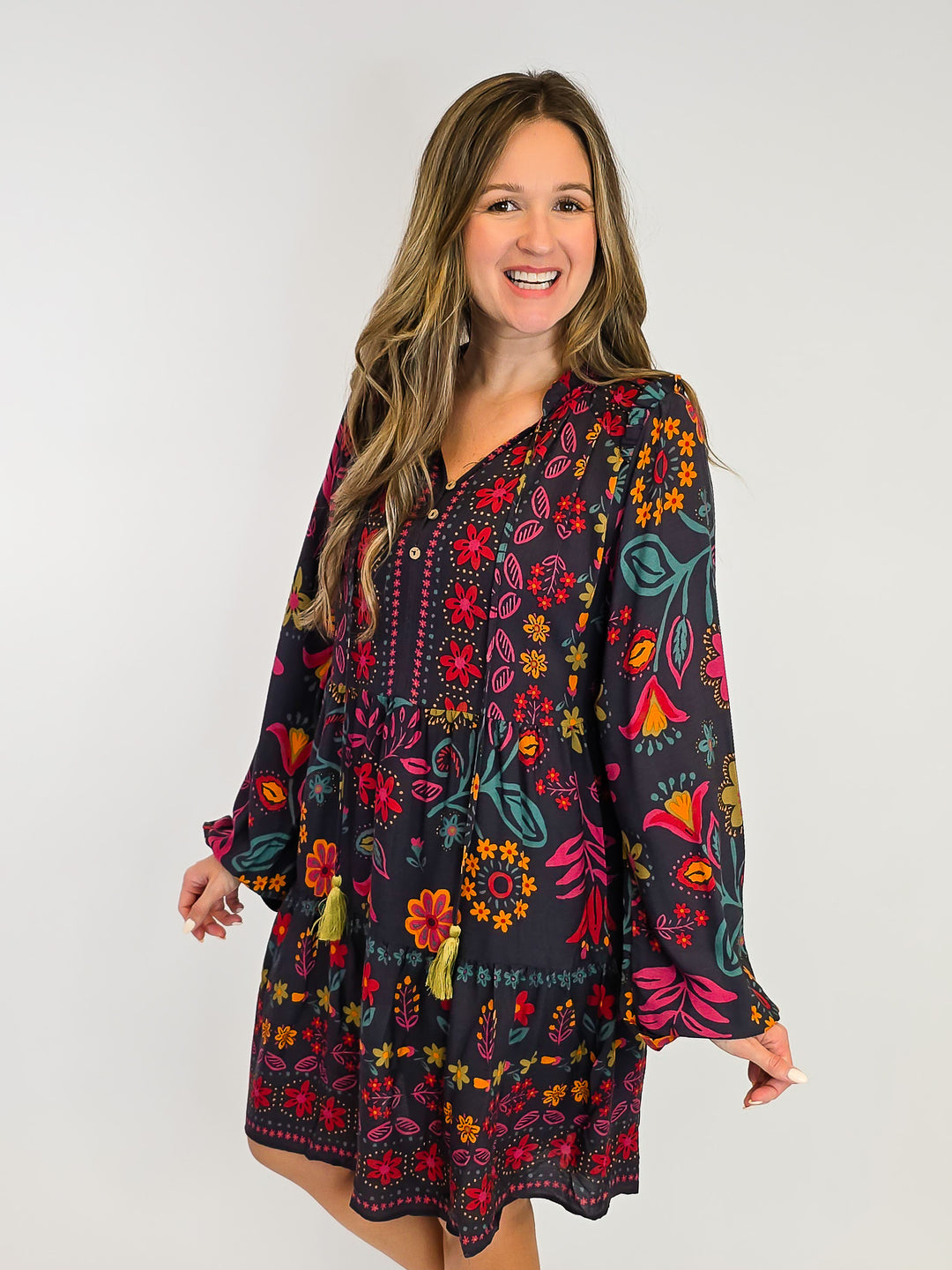 FLORAL PRINTED RAYON GAUZE DRESS - SMOKE