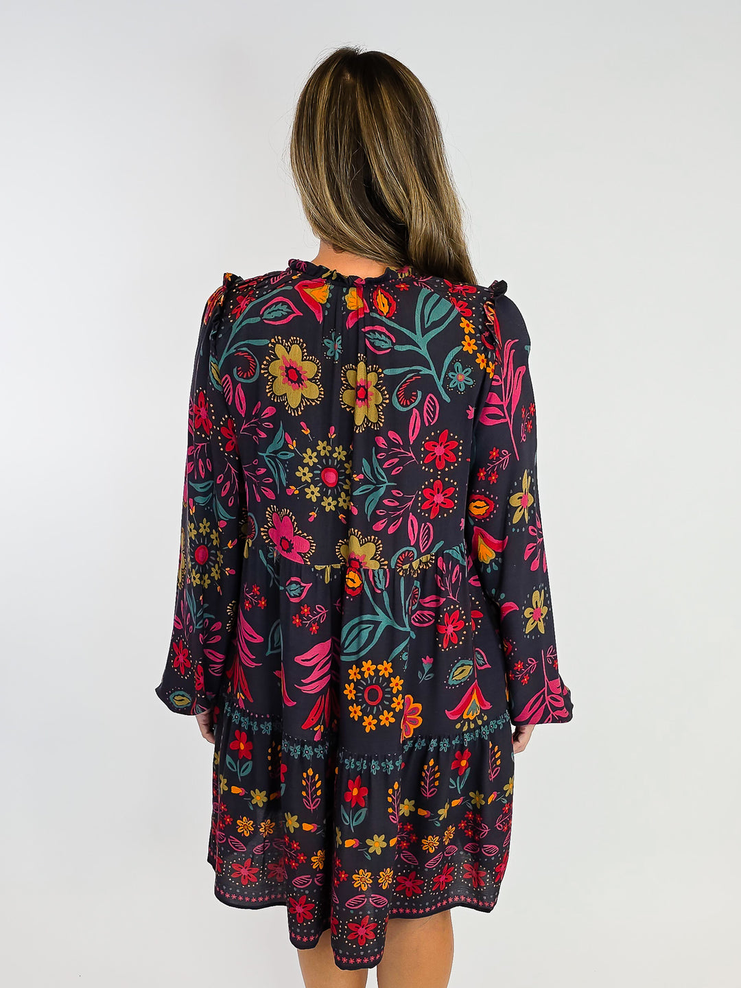 FLORAL PRINTED RAYON GAUZE DRESS - SMOKE