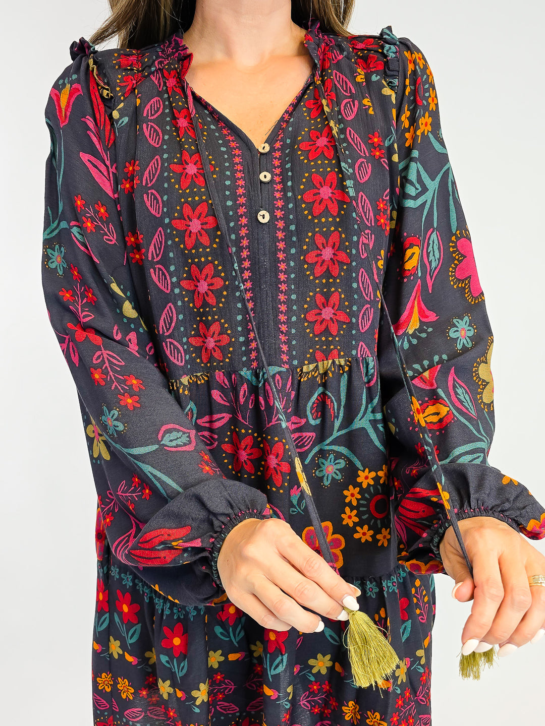 FLORAL PRINTED RAYON GAUZE DRESS - SMOKE
