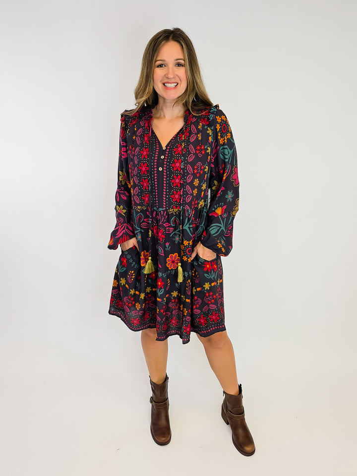 FLORAL PRINTED RAYON GAUZE DRESS - SMOKE