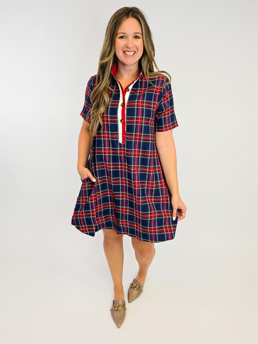 PLAID COTTON DRESS W/ SLEEVES - NAVY