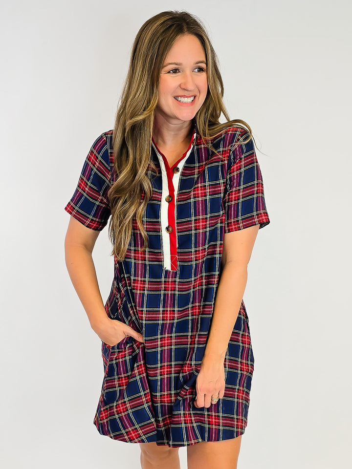 PLAID COTTON DRESS W/ SLEEVES - NAVY