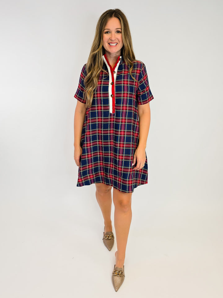 PLAID COTTON DRESS W/ SLEEVES - NAVY