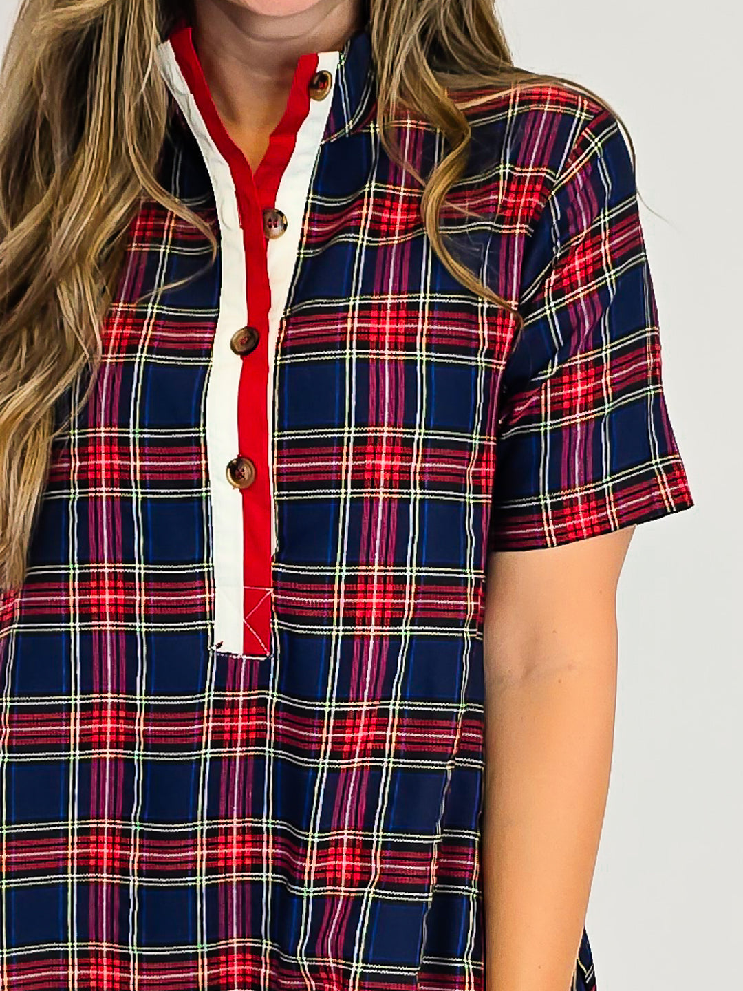 PLAID COTTON DRESS W/ SLEEVES - NAVY