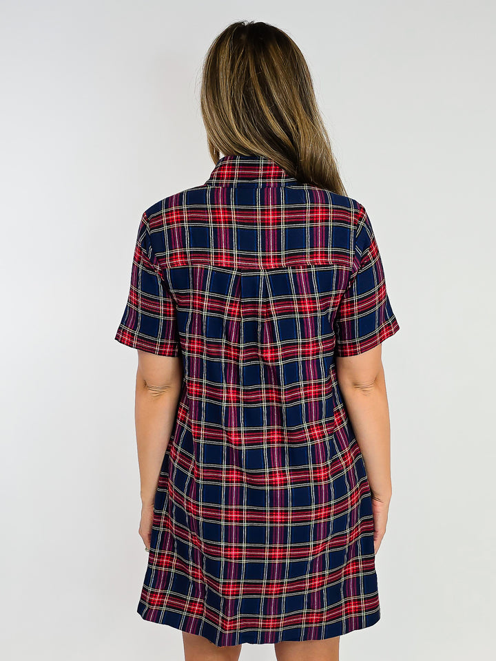PLAID COTTON DRESS W/ SLEEVES - NAVY