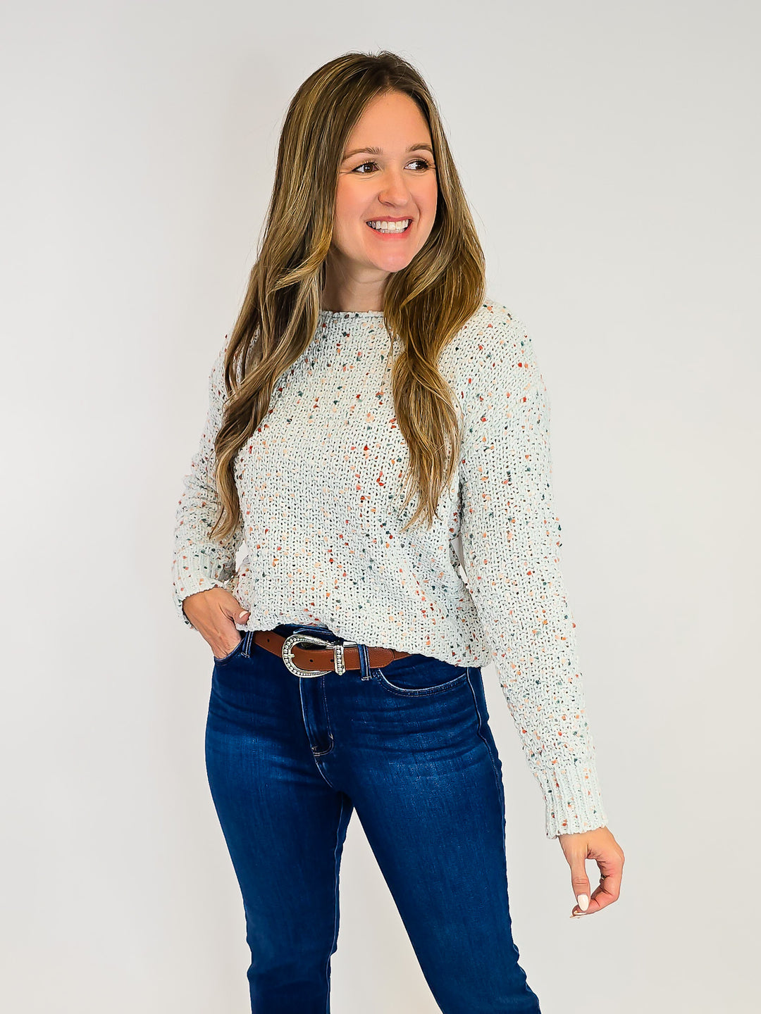 BOAT NECK COLORFUL POPCORN YARN SWEATER - POWDER BLUE