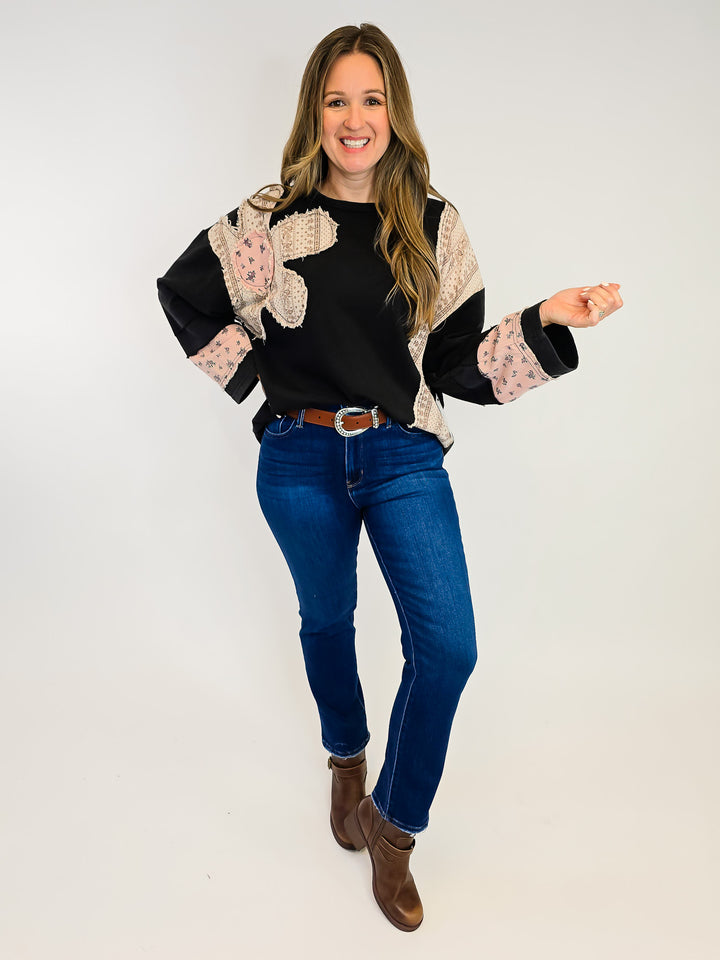 FRENCH TERRY FLOWER PATCH PULLOVER - ASH