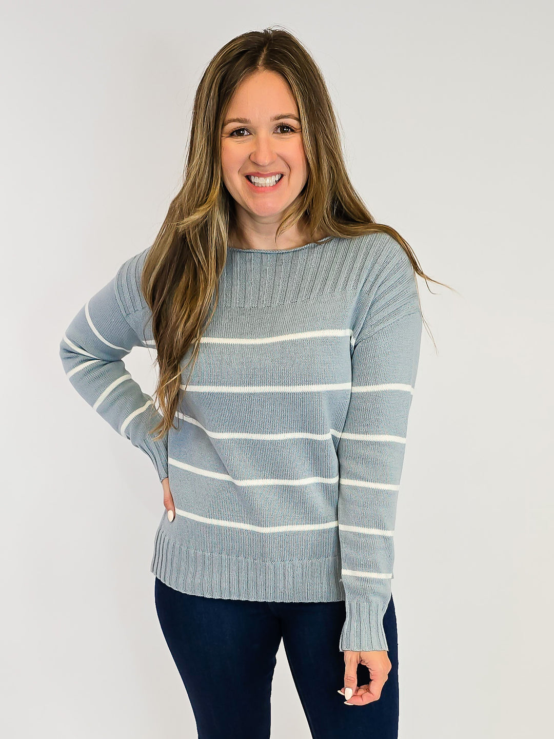 BOAT NECK STRIPED SWEATER - DUSTY BLUE