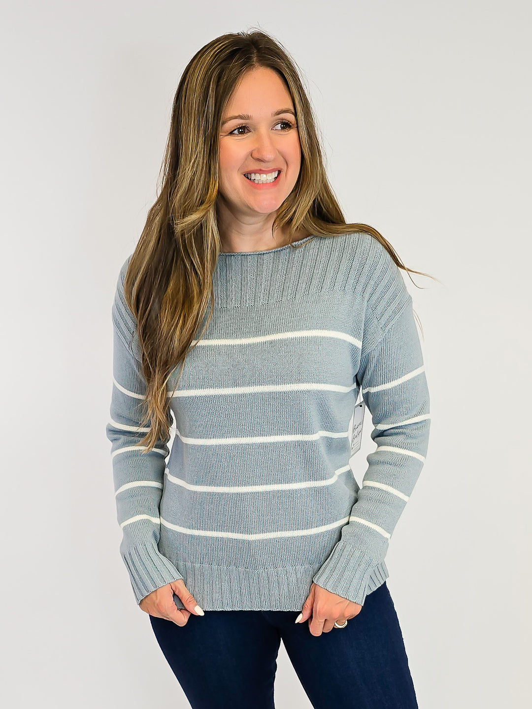 BOAT NECK STRIPED SWEATER - DUSTY BLUE