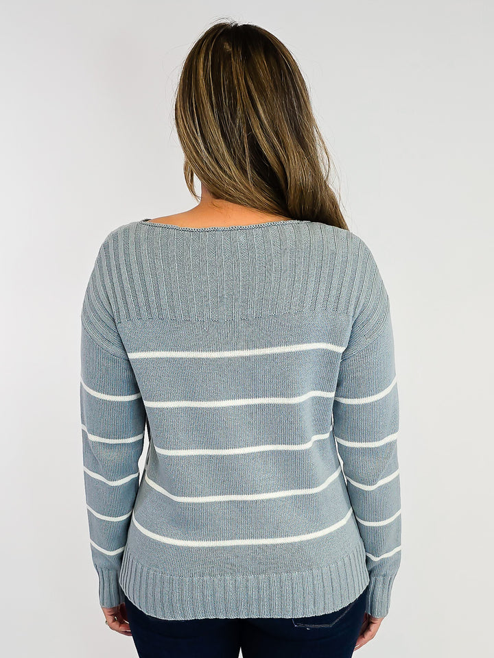 BOAT NECK STRIPED SWEATER - DUSTY BLUE