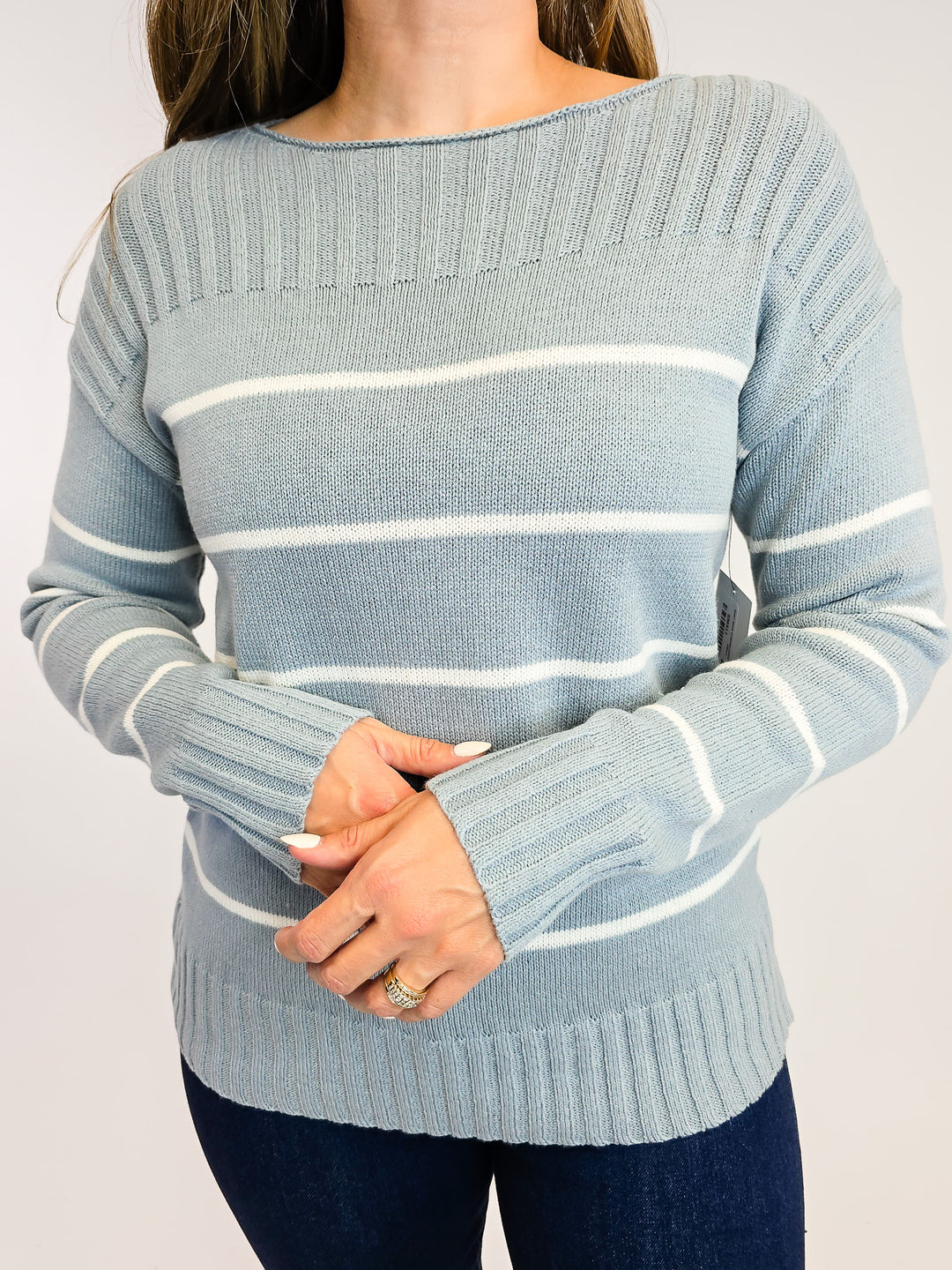 BOAT NECK STRIPED SWEATER - DUSTY BLUE