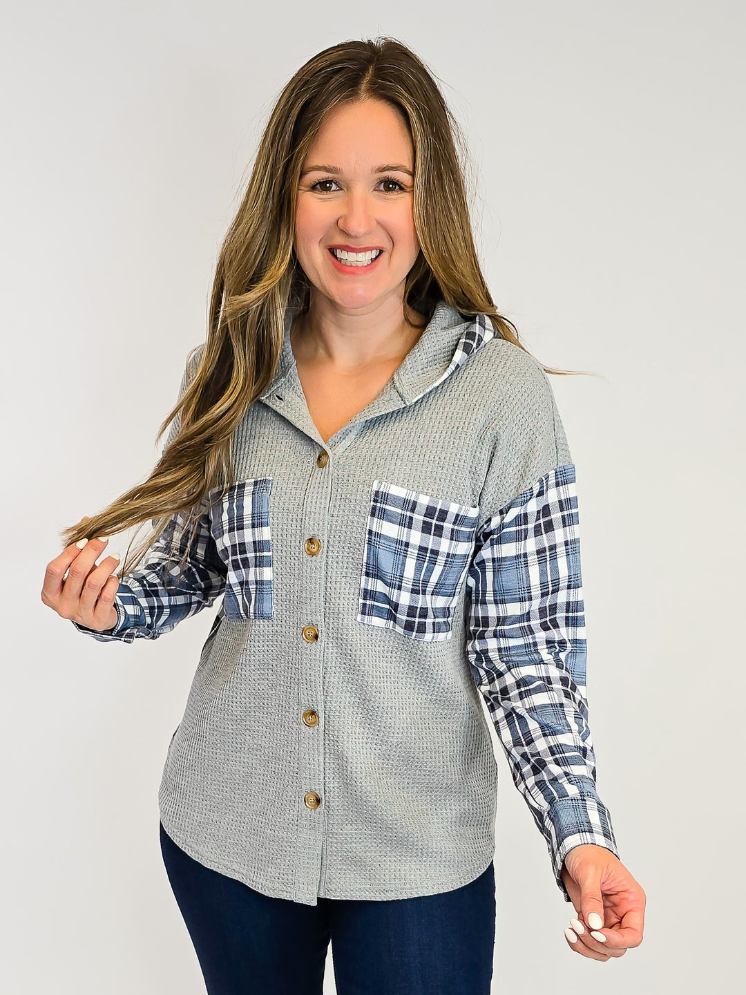 WAFFLE KNIT BUTTON DOWN PLAID HOODIE - GREY