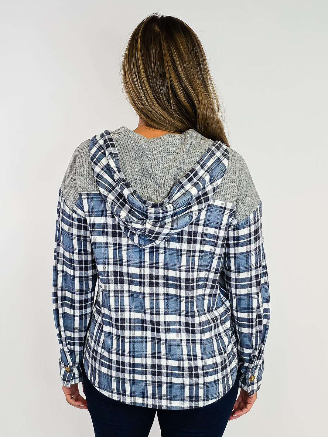 WAFFLE KNIT BUTTON DOWN PLAID HOODIE - GREY