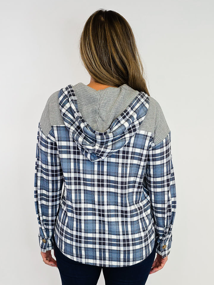 WAFFLE KNIT BUTTON DOWN PLAID HOODIE - GREY