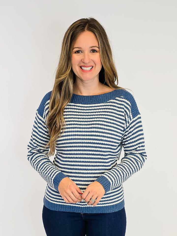 BOAT NECK STRIPED SWEATER - DENIM