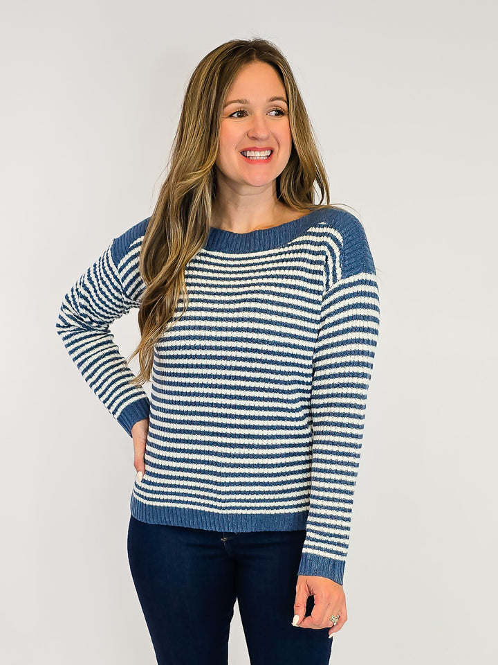 BOAT NECK STRIPED SWEATER - DENIM