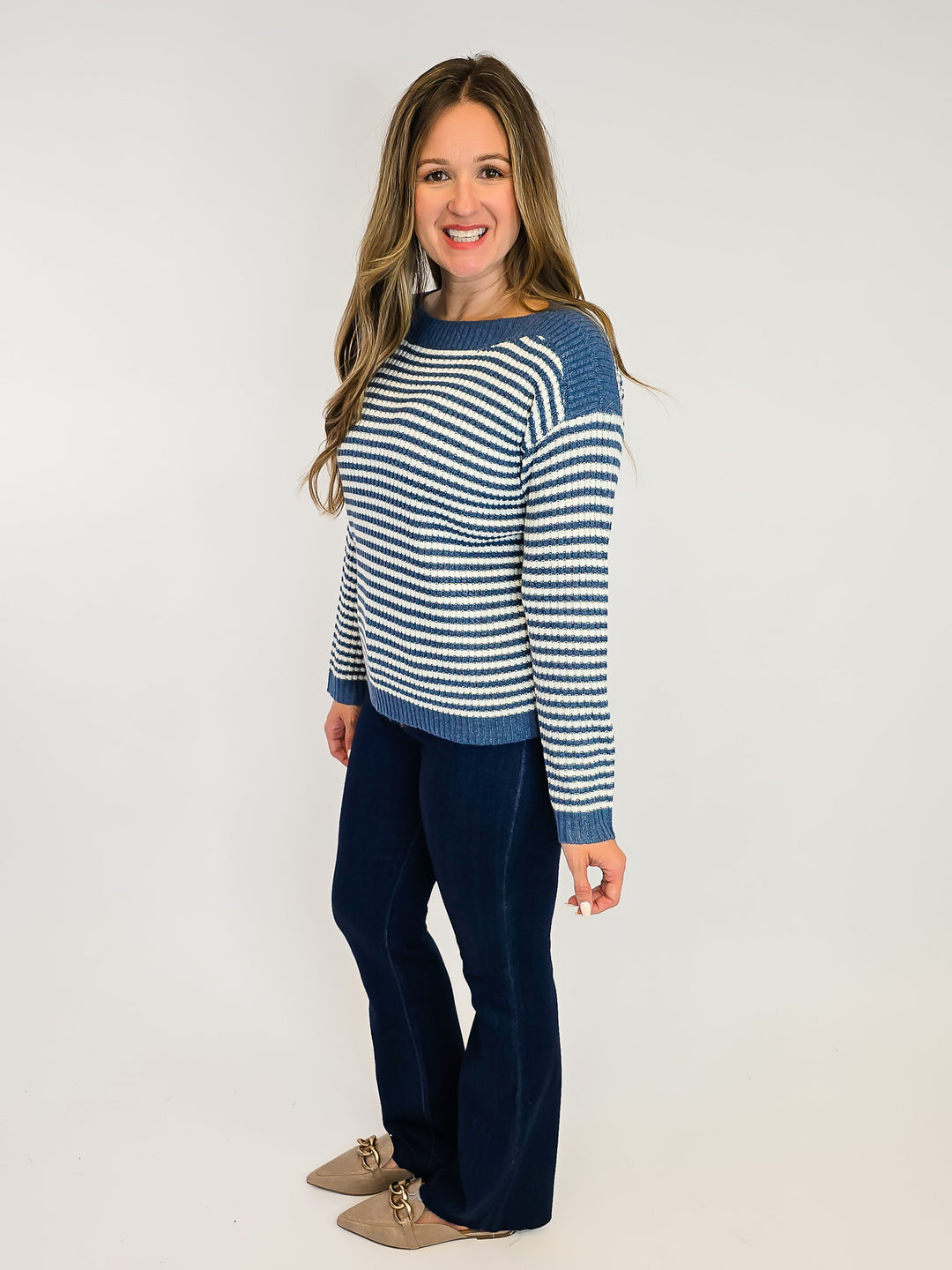 BOAT NECK STRIPED SWEATER - DENIM