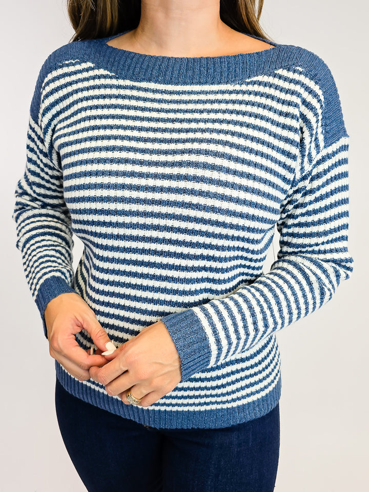 BOAT NECK STRIPED SWEATER - DENIM