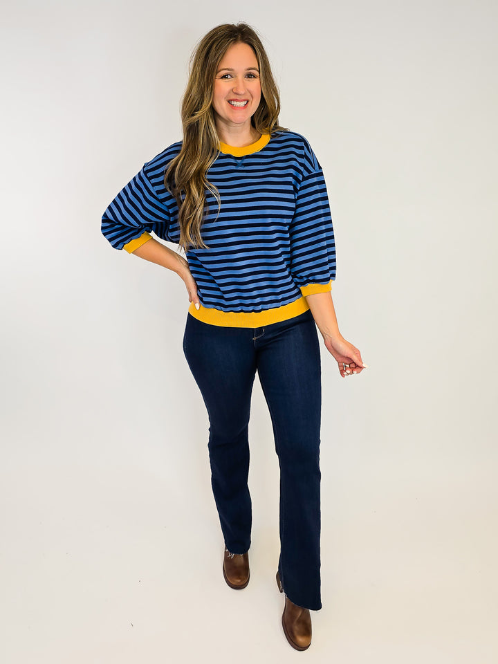 STRIPED COLOR BLOCK 3/4 SLEEVE TOP - DENIM