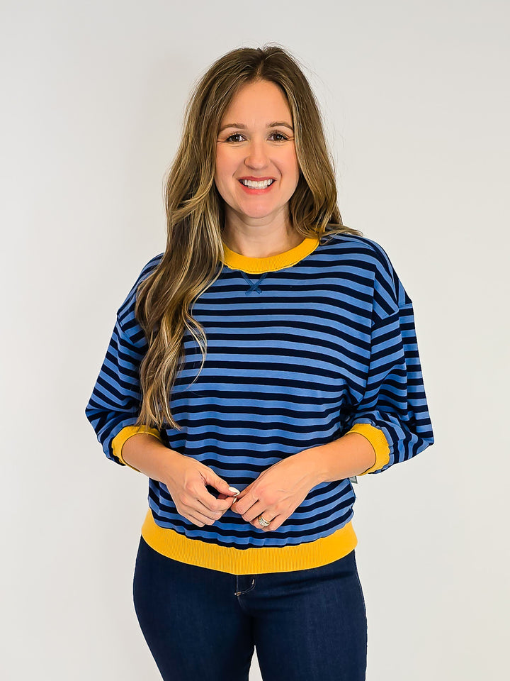 STRIPED COLOR BLOCK 3/4 SLEEVE TOP - DENIM
