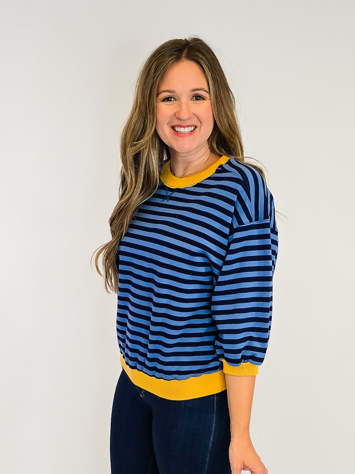 STRIPED COLOR BLOCK 3/4 SLEEVE TOP - DENIM