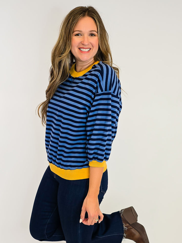 STRIPED COLOR BLOCK 3/4 SLEEVE TOP - DENIM