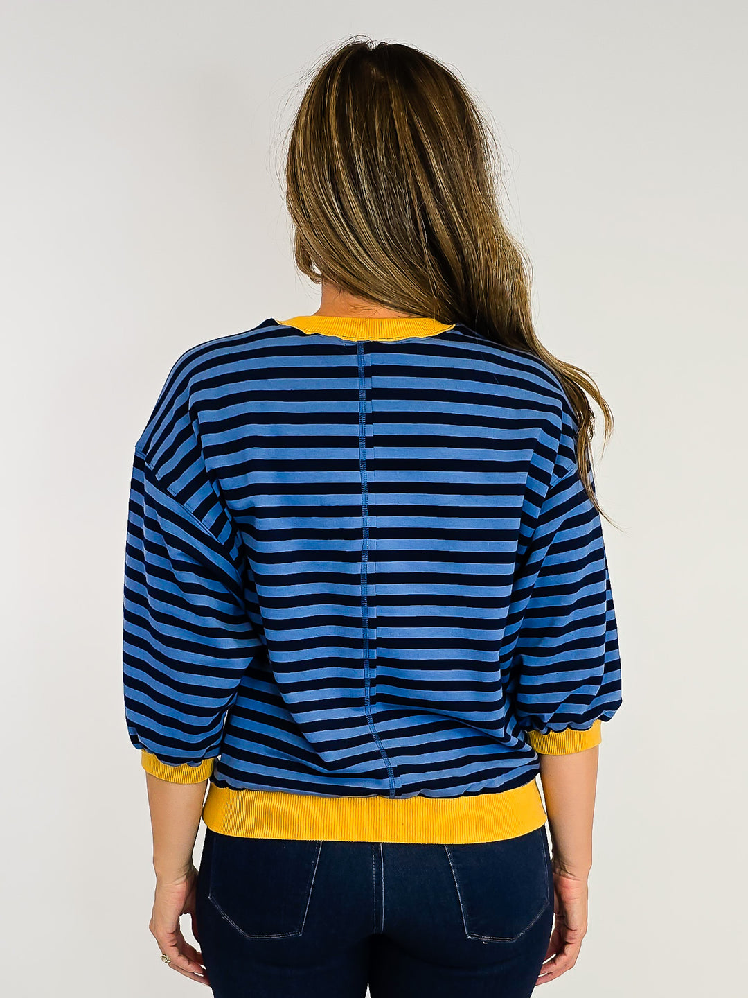 STRIPED COLOR BLOCK 3/4 SLEEVE TOP - DENIM