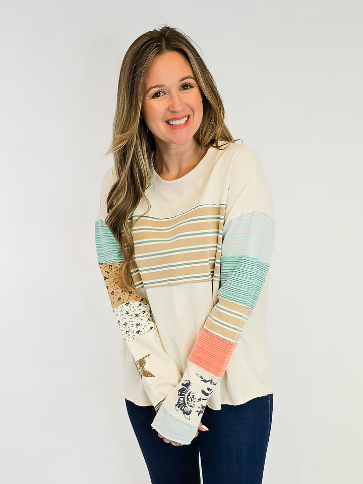 STRIPE MIX TERRY SOFT WASHED PULLOVER - ECRU