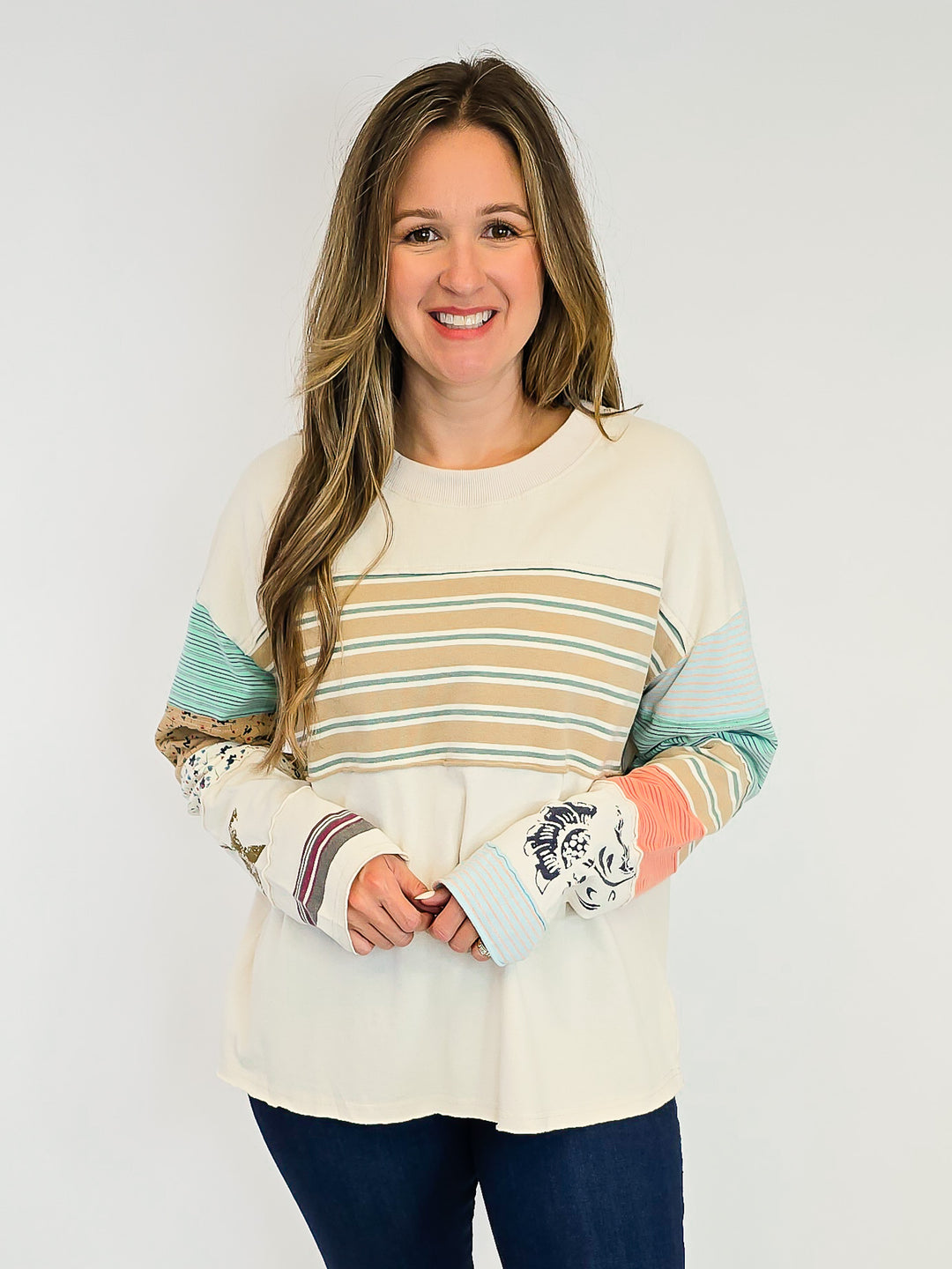 STRIPE MIX TERRY SOFT WASHED PULLOVER - ECRU